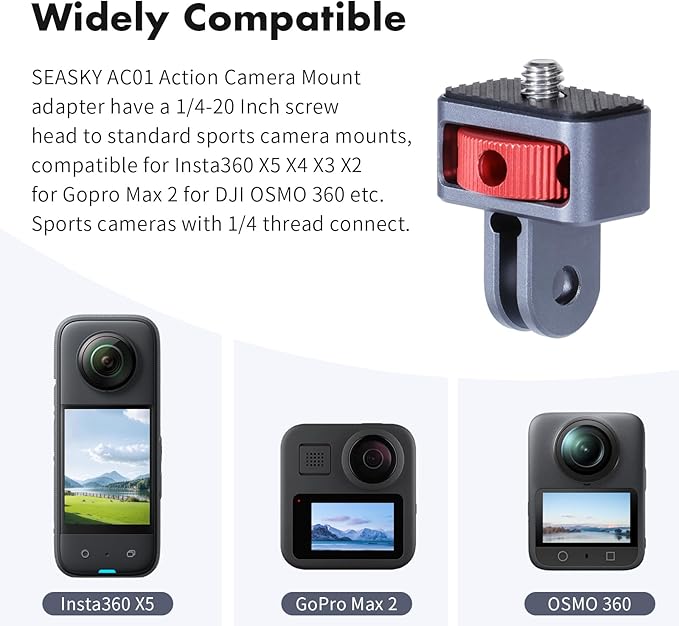 SEASKY AC01 1/4"-20 Action Camera Mount Adapter Tripod Conversion Accessory All Metal Aluminum Alloy for Insta360 X5/X4/X3/X2 for DJI OSMO 360 Gopro Max 2 Sports Camera Accessories