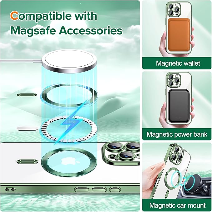 Hython Magnetic Clear for iPhone 16 Pro Max Case with Camera Lens Protector [Compatible with MagSafe] Plating Edge Slim Soft TPU Cover Protective Phone Case for iPhone 16 Pro Max 6.9", Deep Green