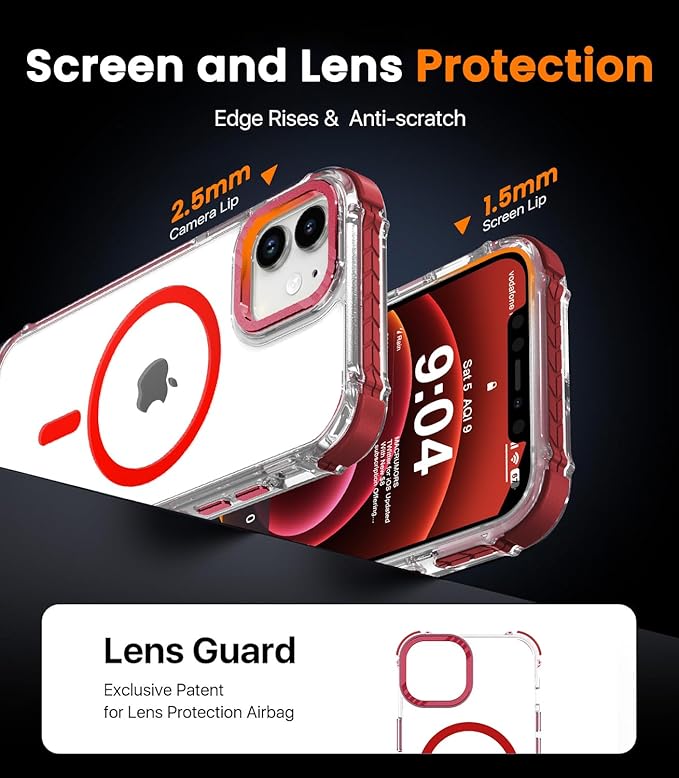 DEERLAMN Strong Magnetic Case for iPhone 12/12 Pro 6.1-Inch,[Compatible with Magsafe][Military Grade Drop Protection] Clear Slim Shockproof Protective Phone Cover-Transparent+Red