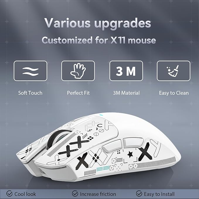 Attack Shark Gaming Mouse Anti-Slip Grip Tape,Compatible with X11 Superlight Wireless pc Mouse,Sweat Resistant,Fine Feel,Cut to Fit,Cool Mouse Skins for Video Games/Office/Study(White)