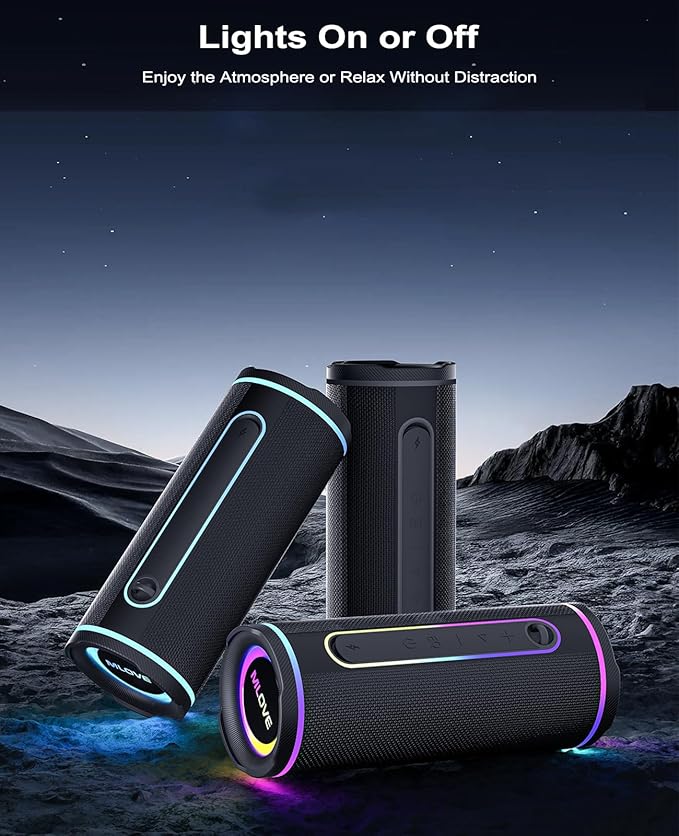 MLOVE E80 Speakers Bluetooth Wireless, Portable Bluetooth Speaker with Aux Input, Micro SD Card Slot, Bass Up, TWS, RGB Lights, IPX7 Waterproof, BT5.4 for Outdoor, Car Music, Beach, Gifts, 30W, Black