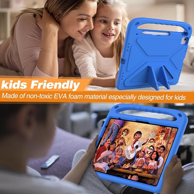Kids Case for iPad Pro 13 inch (M5) 2025/ (M4) 2024, with Pencil Holder/Kickstand/Handle Stand Lightweight Cute Soft EVA Shockproof Silicone Anti-Slip Grip Rugged Girls Boys Cover, Blue