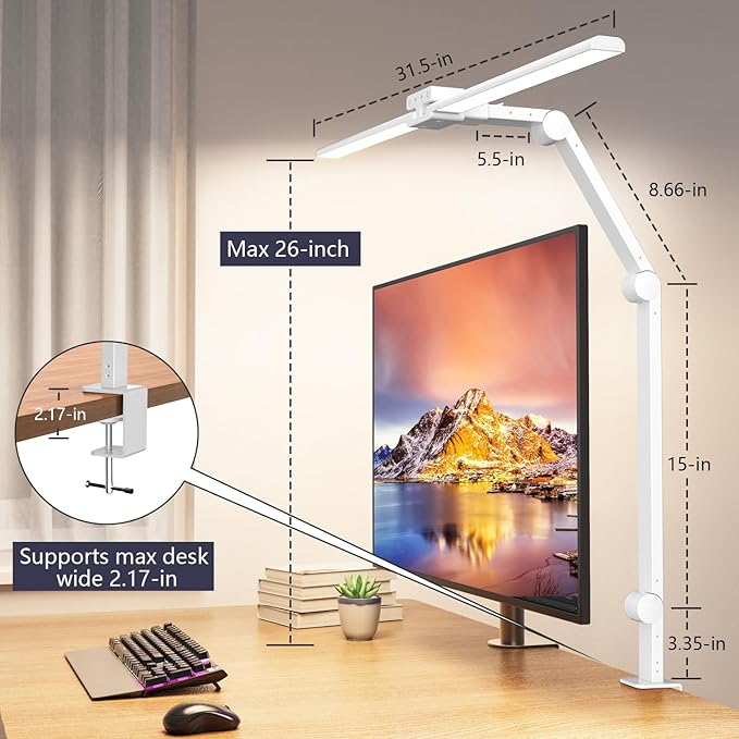 KableRika Desk Lamp,Double Head Desk Lamp with Clamp,24W Led Desk Lights for Home Office Ultra Bright Architect Table Lamp 4 Brightness 4 Color,Auto Dimming Task Lamp for Monitor Work Study White