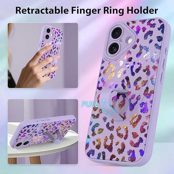 KANGHAR Compatible with iPhone 16 Case, Support for MagSafe, Silicone Cute Iridescent Leopard Cheetah Pattern, Wristband Kickstand Shockproof Protective Slim Cover for Women Girls, Purple