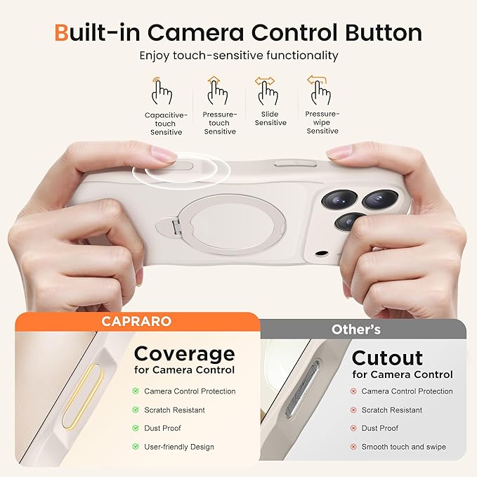 CAPRARO for iPhone 17 Pro Case with 360° Spin Magnetic Stand for Women, [Compatible with MagSafe] [Full Camera Protection] Cute Wave Translucent Matte Case for iPhone 17 Pro, Stone