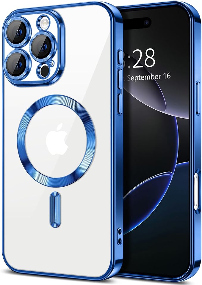 Hython Magnetic Clear for iPhone 16 Pro Case with Camera Lens Protector [Compatible with MagSafe] Luxury Plating Edge Slim Soft TPU Cover Protective Phone Case for iPhone 16 Pro 6.3", Deep Blue