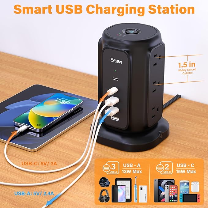 Ultra Slim Flat Plug Power Strip - 6.5ft Ultra Thin Extension Cord with 9 Outlets and 5 USB Ports (2 USB C), 1200J Surge Protector, 45° Angled Flat Plug, Dorm & Home Office Essentials