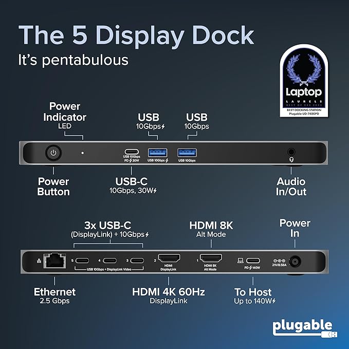 Plugable USB C Docking Station 5 Monitors, 140W DisplayLink Dock Connects up to Five 4K Displays for MacBook Windows Thunderbolt 4 Laptops, 2X HDMI, 3X USBC 2.5Gbps Ethernet, Driver Required DL7400