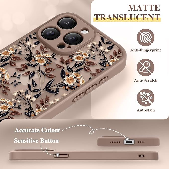 GVIEWIN for iPhone 15 Pro Max Case Compatible with MagSafe, [Military Grade Protection] [Screen Protector] Full Camera Protection Floral Translucent Women Magnetic Phone Case, Bunchflower/Brown