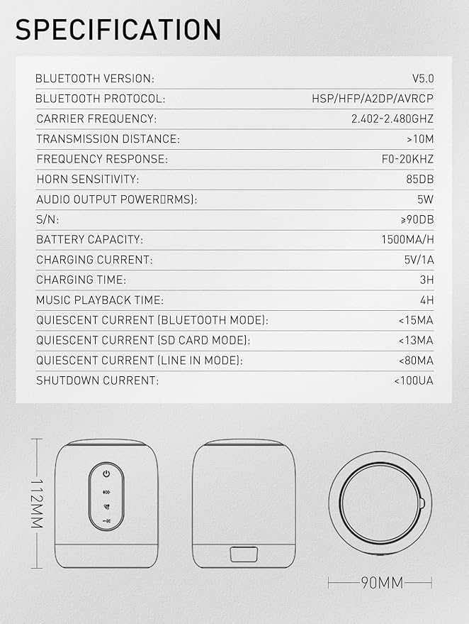 MANTO Bluetooth Speaker IPX5 Waterproof Portable Shower Speaker, 12H Battery, Micro SD Playback (Up to 32GB, Card Not Included), Compact Design for Travel, Camping, Hiking, and Home (Black)