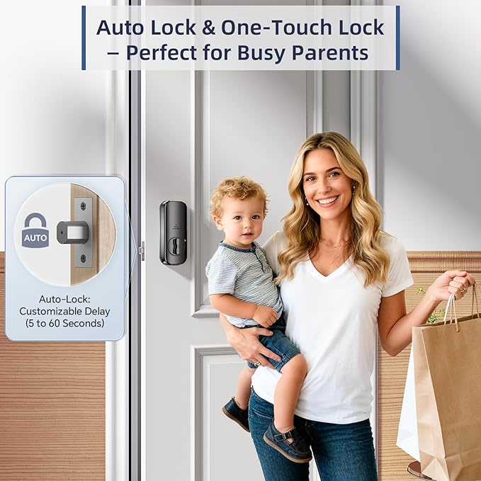 Fingerprint Door Lock for Front Door Built-in Wi-Fi OKIBB, Smart Keyless Entry Door Lock with APP Touchscreen Keypad Deadbolt, Emergency Power Port, One-Touch, IP54 Weatherproof, BHMA Grade 3