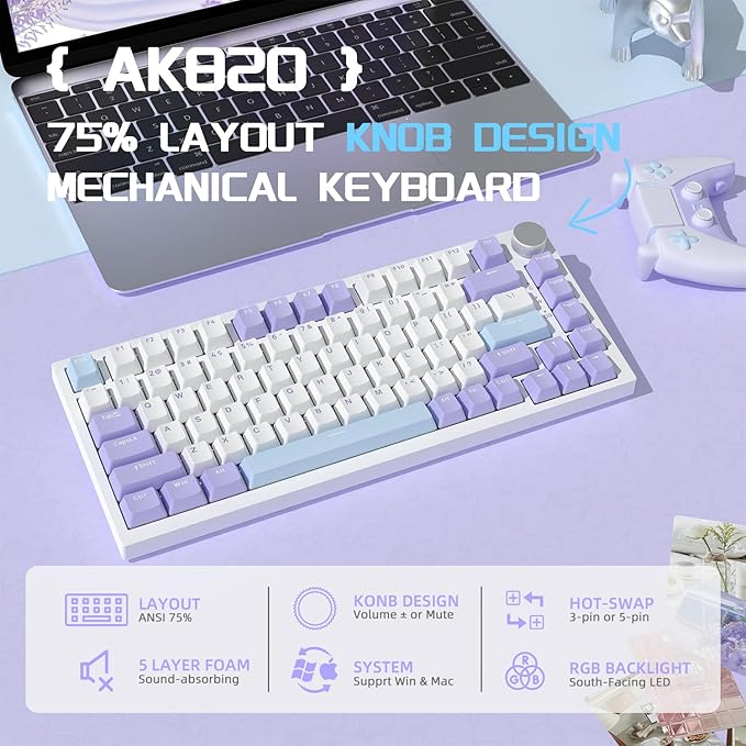 A.JAZZ Attack Shark AK820 75% Wired Mechanical Gaming Keyboard with Knob Hot Swappable Custom Gasket RGB Keyboard NKRO Linear Sea Salt Switch for PC/Win/Mac-Purple/Blue