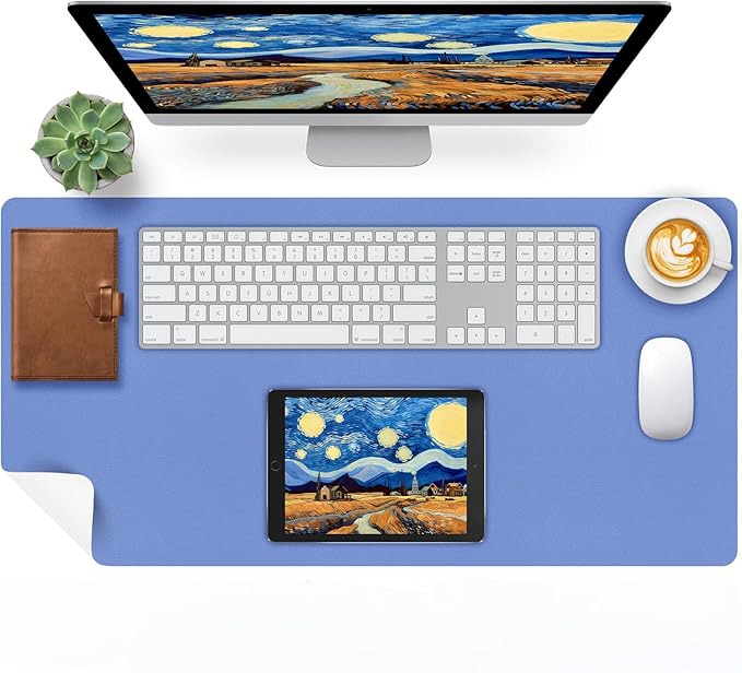 Bloss Blue Leather Desk Mat Protector,Leather Mouse Pad,Laptop Protector Desks Mat,Office Desks Mats,Keyboard Desks Mats,Computer Mat,Dual-Side Waterproof Desk Writing Pad for Office/Home.31.5"x 15.7"
