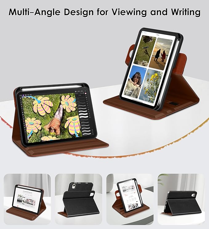 DTTO for iPad mini 7 (A17 Pro) Case, iPad mini 7th / 6th Generation Case (2024/2021), 360 Degree Rotating Premium Leather Folio Stand Cover with Pencil Holder, Black Brown
