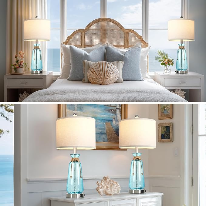 Rinweey 26" Coastal Lamps for Living Room Set of 2,3-Way Dimmable Bedside Lamps with USB Ports and AC Outlet, Nautical Lamps for Nightstand Bedroom Living Room,Teal