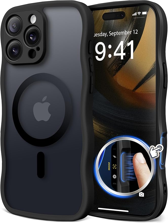 CAPRARO for iPhone 16 Pro Max Case for Women Girls, Upgraded [Full Camera Protection] [Compatible with MagSafe] Cute Wave Translucent Matte Phone Case for iPhone 16 Pro Max, Black