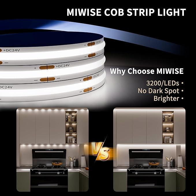 MIWISE COB LED Strip Light 32.8ft/10m,CRI 90+ Daylight White 6000K High Lumen Dimmable Super Bright Flexible DC24V LED Tape Light with Controller/Dimmer,for Cabinet Home Office DIY Lighting Projects