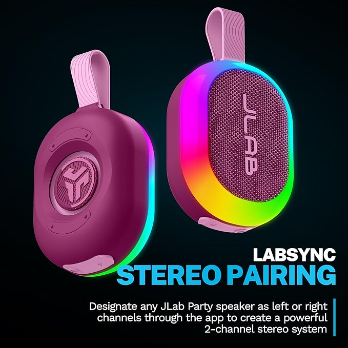 JLab Pop Party Portable Bluetooth Speaker, Mulberry, 8+ Hours of Playtime, IP55 Waterproofing, Detachable Loop Handle, Customizable RGB LED Lighting, Lab Sync Up to 100 Speakers, Custom Sound in-App