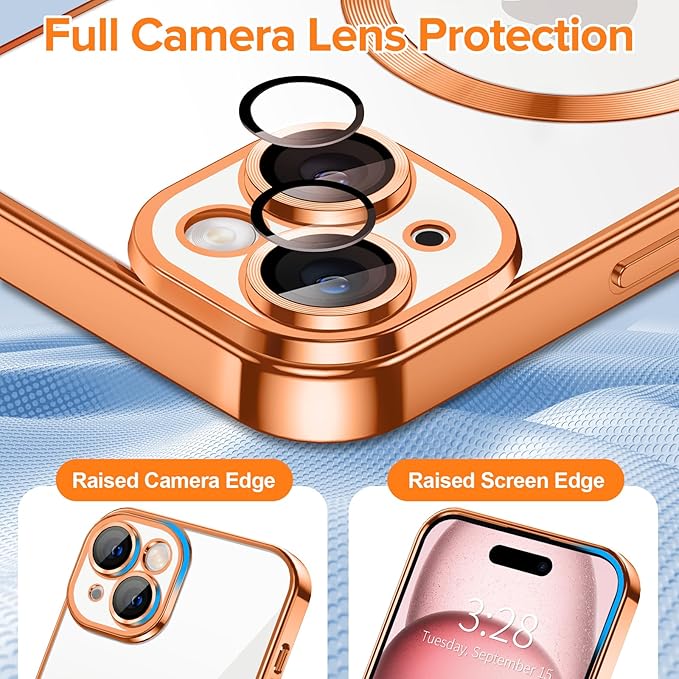 Hython Magnetic Clear for iPhone 15 Plus Case with Camera Lens Protector [Compatible with MagSafe] Luxury Plating Edge Slim Soft TPU Cover Protective Phone Case for iPhone 15 Plus 6.7", Orange