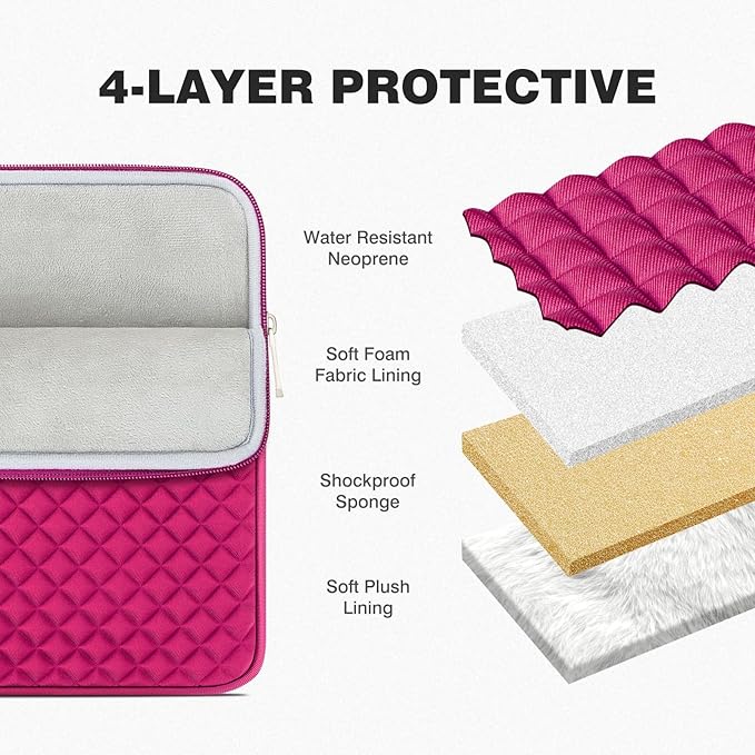 RAINYEAR 15.6 Inch Laptop Sleeve Diamond Foam Shock Resistant Neoprene Padded Case Fluffy Lining Zipper Cover Carrying Bag Compatible with 15.6" Notebook Computer Chromebook (Deep Pink)