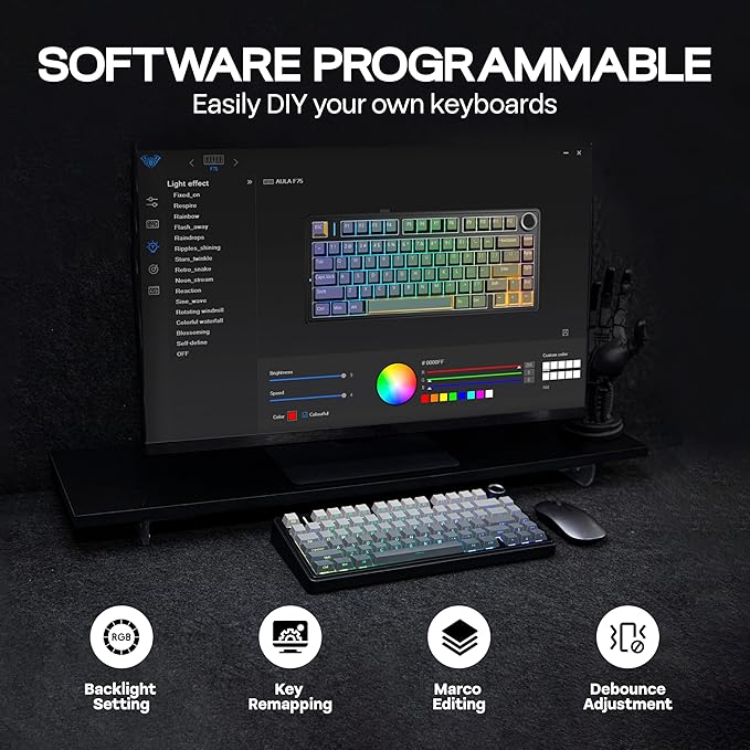 MechLands Aula F75 PRO 75% Wireless Gaming Keyboard, Gasket Mechanical Custom Keyboard with Five-Layer Padding, BT/2.4GHz/USB-C, Hot Swappable, Knob, RGB, Reaper Switches (Gradient Black)