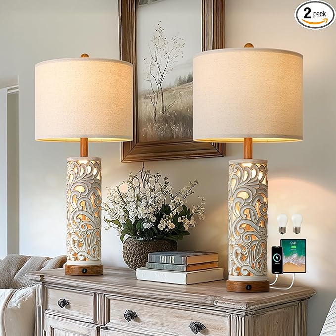 OYEARS 2-in-1 Light Table Lamp Set of 2 for Living Room, 28.5" Farmhouse Bedside Lamps with USB Charging Port, Main&Night Light & Dual Switches, Nightstand Lamp for Bedroom Home Office(Bulb Included)
