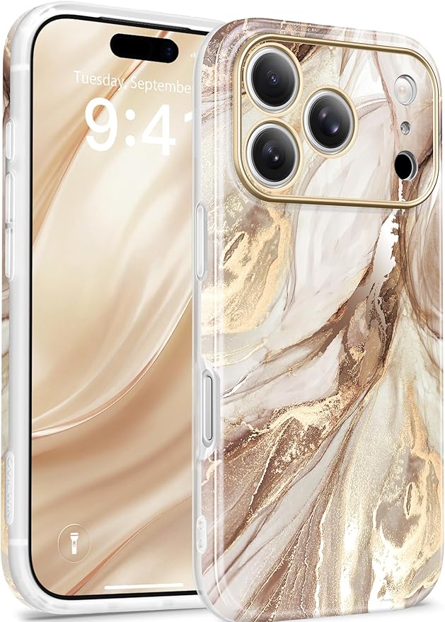 GVIEWIN for iPhone 17 Pro Case Compatible with MagSafe, [Full Camera Protection][Military-Grade Protection] Shockproof Protective Slim Magnetic Marble Phone Case for 17 Pro 6.3", Topaz/Gold