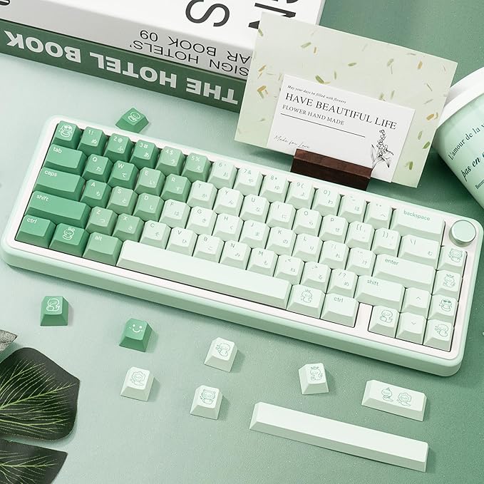 134 Keys Gradient Green PBT Keycaps - 5-Side Dye-Sublimation Cute Snake Elements, Japanese Root Characters, Cherry Profile Keycaps Set for Mechanical Keyboard (60/65/75/80/100 Layouts)