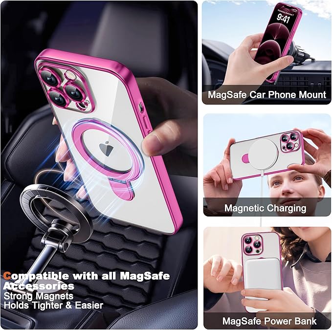 Compatible with iPhone 12 Pro Max Case with Magnetic Ring Stand [Compatible with Mag-Safe] [Full Camera Lens Protector] Soft Plating Clear Phone Case for iPhone 12 Pro Max 6.7", Rose