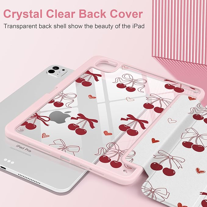 Case for iPad Pro 11 inch (M5) 2025 (M4) 2024 Release with Pencil Holder - Aesthetic Cute Preppy Design Trifold Cover with Soft TPU Bumper Clear Back Auto Sleep/Wake for Girls Women, Cherry
