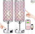 Hong-in Pink Crystal Lamp Set of 2, 3 Way Dimmable Touch Lamp for Bedroom with Crystal Shade, Bedside Nightstand Lamps for Living Room Bedroom Home Office