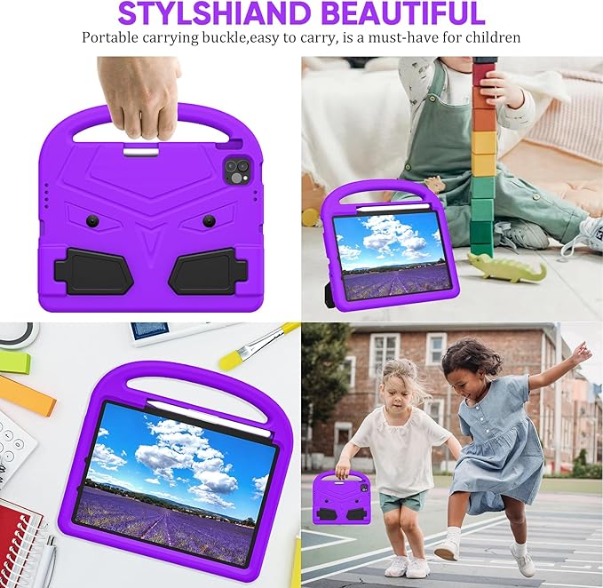Kids Case for Apple iPad Pro 11 inch M5/M4 Tablet (2025/2024) with Pencil Holder/Handle/Kickstand Slim Lightweight Cute Soft EVA Foam Shockproof Stand Cover for Boys Girls Teens, Purple Bird