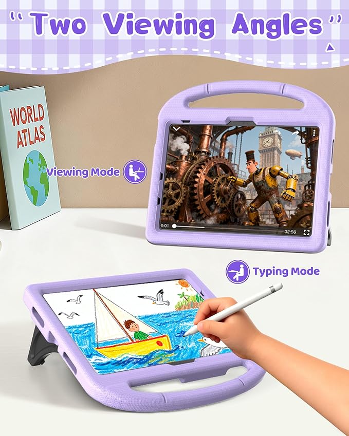 Kids Case for iPad A16 11th Gen 11-Inch 2025 & iPad 10th Generation (10.9" 2022), Durable Shockproof Fully-Body Cover with Screen Protector/Pencil Holder/Stand/Handle for Kids, Light Purple