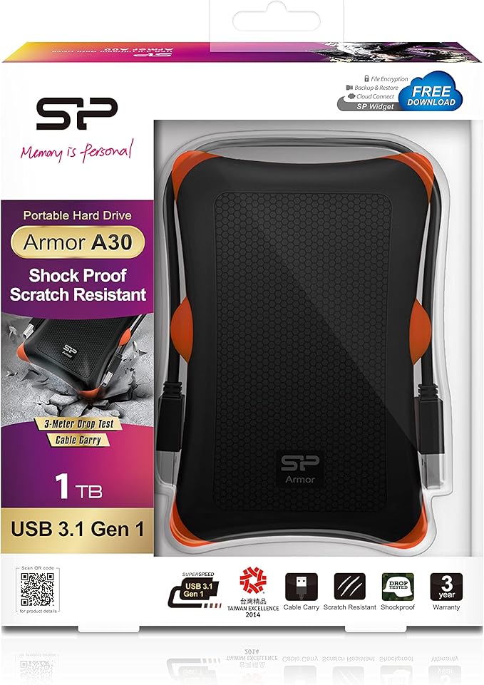 Silicon Power 1TB Rugged Armor A30 Military Grade Shockproof USB 3.0 2.5 Inch Portable External Hard Drive for PC, Mac, Xbox One, Xbox 360, PS4, PS4 Pro and PS4 Slim, Black