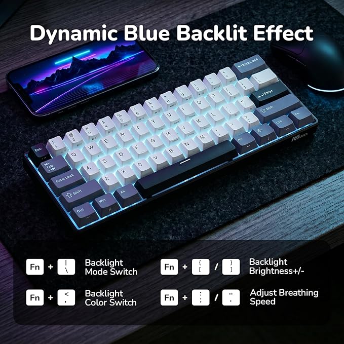 RK ROYAL KLUDGE RK61 Wireless Mechanical Keyboard, 60% Triple Mode BT5.0/2.4G/USB-C Compact Gaming Keyboard, PBT Keycaps, Pro Software, Hot Swappable Custom Switches