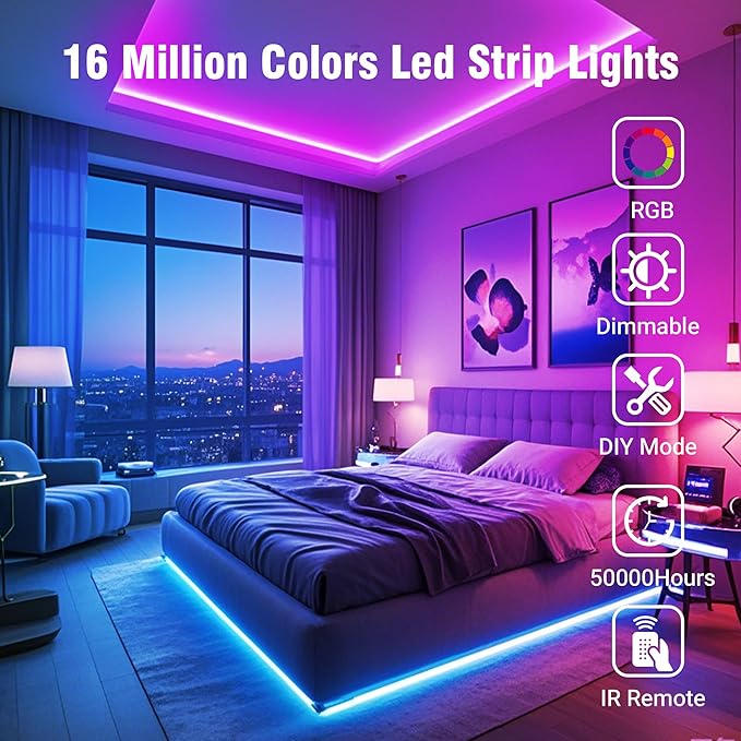 VOLIVO 130ft Led Strip Lights for Bedroom, Color Changing Led Light Strips Kit with Bluetooth App Control and IR Remote, RGB Music Sync Lighting for Room, Home Decor