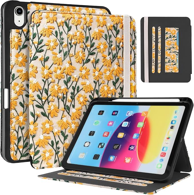 Uppuppy for iPad 10th Generation Case, for iPad (A16) 11th Generation Case - Women Girls Cute Embroidered Folio Stand Cover with Pencil Holder & Card Slot Design Aesthetic Girly Kawaii Yellow Daisy