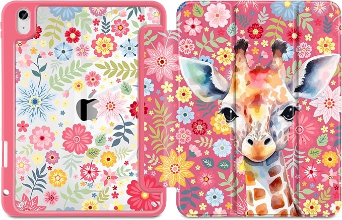 Case for iPad Air 13 inch 2026 M4 2025 M3 2024 M2 Release Slim Lightweight Shockproof Cute Hot Pink Cover with Clear Back TPU Edge Pencil Holder Trifold Stand Auto Wake Sleep, Giraffe