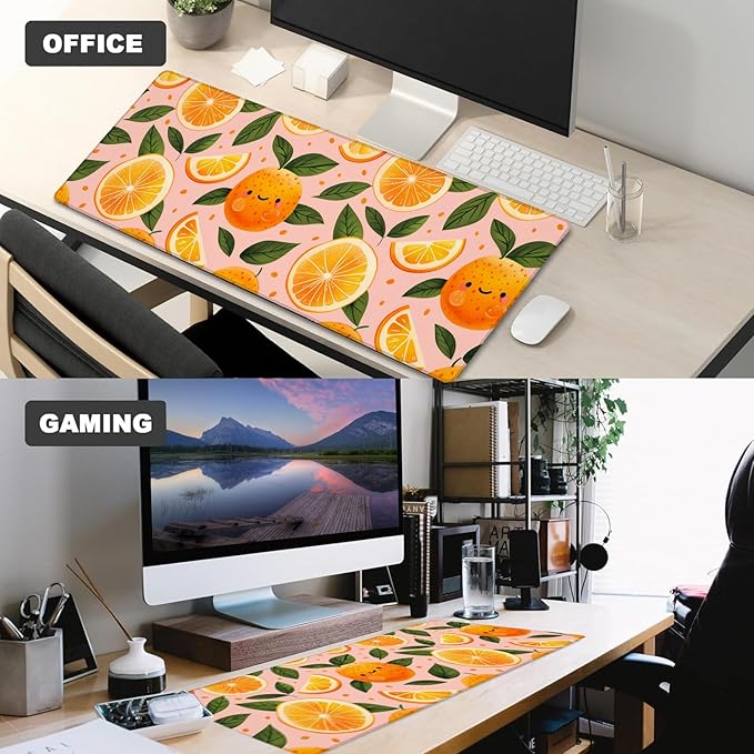 Smiling Orange Gaming Mouse Pad – 12x31.5in Non-Slip Rubber Desk Mat with Cute Citrus Design – Large Extended Mousepad for Office Home – Deskmat Gifts for Food and Kawaii Lovers Decor