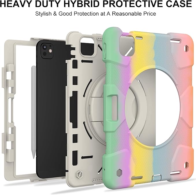 Andnary Case for iPad Pro 11 Inch M4 2024/M5 2025 Case, Heavy Duty Shockproof Cover with Screen Protector/360° Rotate Stand/Shoulder Strap/Pencil Holde (Colorful Pink, iPad Pro M4/M5 11 inch)