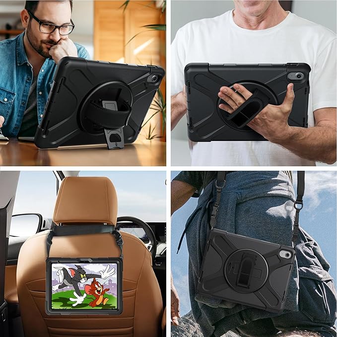 Gerutek Case for iPad (A16) 11th/10th Generation 11"/10.9" (2025/2022), Full-Body Shockproof Protective Case with Screen Protector, 360° Rotating Stand, Hand/Shoulder Strap, Pencil Holder - Black