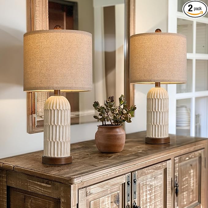 OYEARS 22.5" Bedside Table Lamps Set of 2, Farmhouse Table Lamp with USB A+C Charging Ports,Vintage Nightstand Lamp for Bedrooms and Living Rooms, Retro Resin End Table Lamp, Beige and Brown