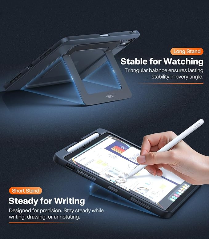 TORRAS Ostand K1 Guardian for iPad Pro 11 inch 4th/3rd/2nd/1st Generation 2022 2021 2020 2018 with Pencil Holder, Ultra Stable Stand, Multiple Adjustable Viewing Angles, Slim Protection, Black