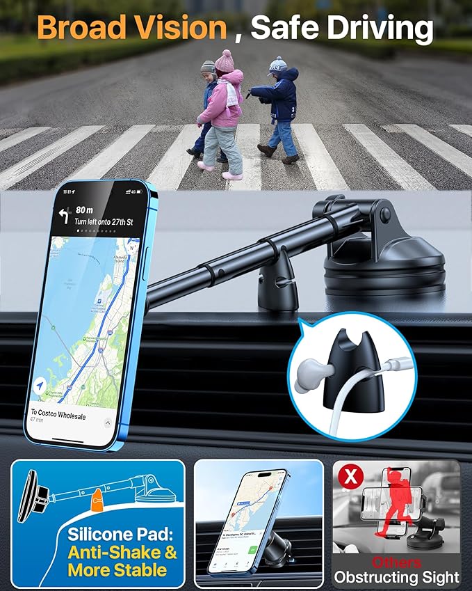 HTU 2026 Upgraded for Magsafe Car Mount [80LBS Strongest Suction & Military-Grade] Powerful Magnetic Cell Phone Holder for Car Dashboard Windshield for iPhone 17 16 15 14 Pro Max Mini,Dark Blue