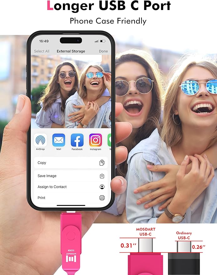 MOSDART 512GB USB 3.2 Fast Speed C and A Dual Flash Drive, exFAT Memory Stick with Keychain and LED Indicator, for iPhone 15,16,17, Android Phone, iPad, MacBook, and Other Laptops, Hot Pink