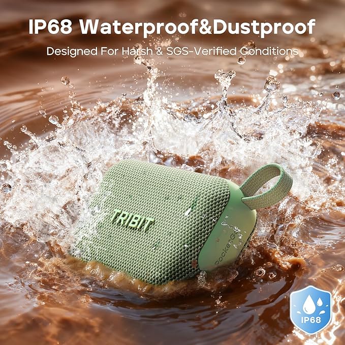 Tribit PocketGo Bluetooth Shower Speaker, IP68 Waterproof/Dustproof, Portable Speaker with 20H Playtime, Wireless, BT6.0, Supports TF Card, Electronics for Travel/Outdoors/Home (Green)