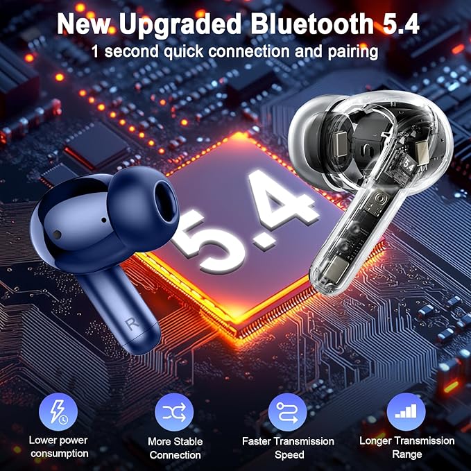 Wireless Earbuds, Bluetooth 5.4 Headphone 3D Stereo Bass Ear Bud, 4 ENC Noise Cancelling Mic, 40+Hrs USB-C in-Ear Earphone, IP-X7 Waterproof Headset Sport Workout Gym for Laptop Pad Android iOS