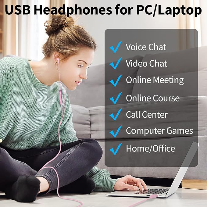 USB Headphones with Microphone for Laptop,7.5ft Magnetic Wired Earbuds Noise Canceling in-Ear Earphones with Mute Mic Volume Control Stereo Bass for PC Desktop Dell HP Acer Laptop,School,Women/Girl