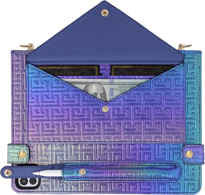 Shiny Case for iPad Pro 11" 2018-2022 / Air 10.9" 11" Handbag with Hand Strap, Techcircle Crossbody Iridescent Folio Stand Wallet Case with Pencil Holder+Card Slots+Shoulder Strap, Shiny Indigo