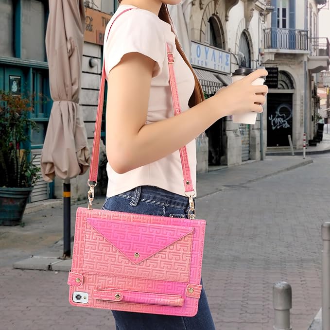 Shiny Case for iPad 9th 8th 7th Gen 10.2"/iPad Air 2019/iPad Pro 10.5, Techcircle Crossbody Iridescent Folio Stand Wallet Case with Pencil Holder+Card Slots+Hand Strap+Shoulder Strap, Shiny Rose Pink